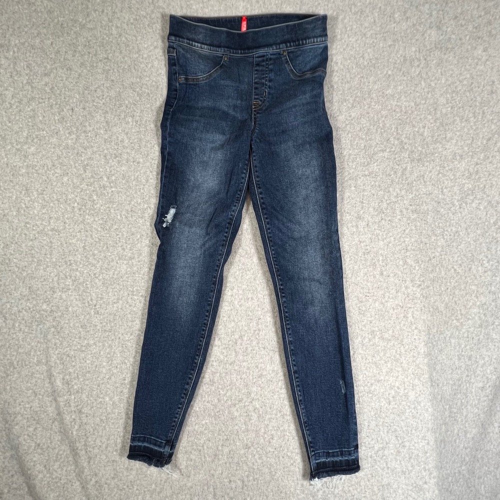 Spanx Womens‎ S Ankle Skinny Jeans Dark Blue Wash Distressed Raw Hem Small - Picture 2 of 9